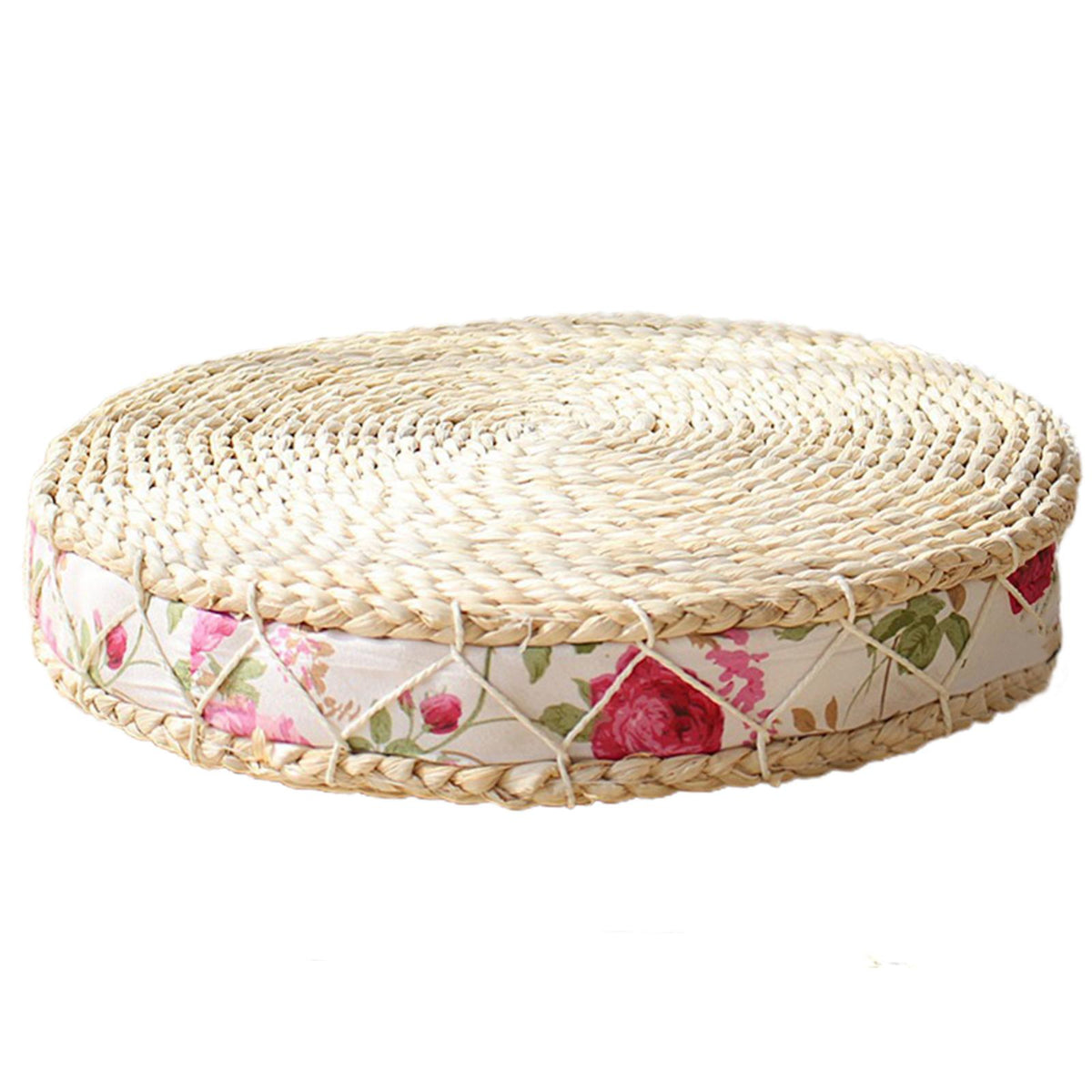 Round rattan-framed cushion with a white rose-print border