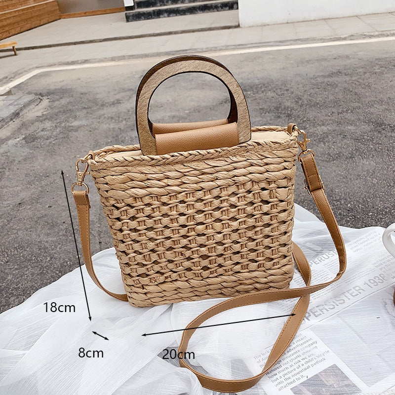 Retro woven crossbody bag with a varnished wooden handle – brown variant, another view