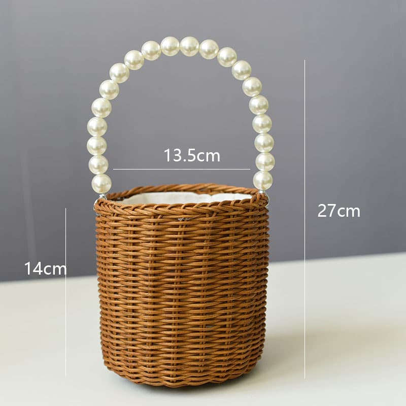 Kids woven storage basket with a beaded handle – brown variant, dimensions diagram
