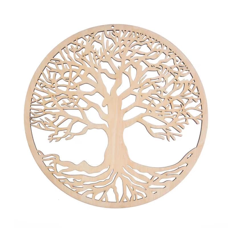 Carved wooden tree of life wall decor in a round frame