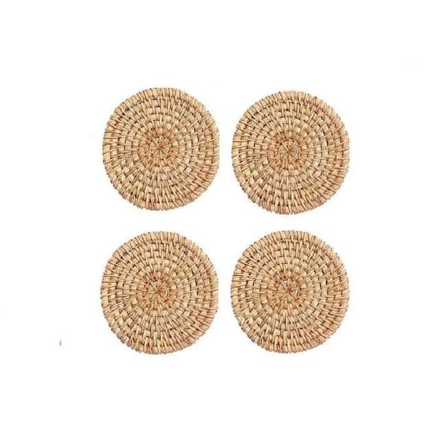Set of four round natural rattan coasters – multiple views (2)