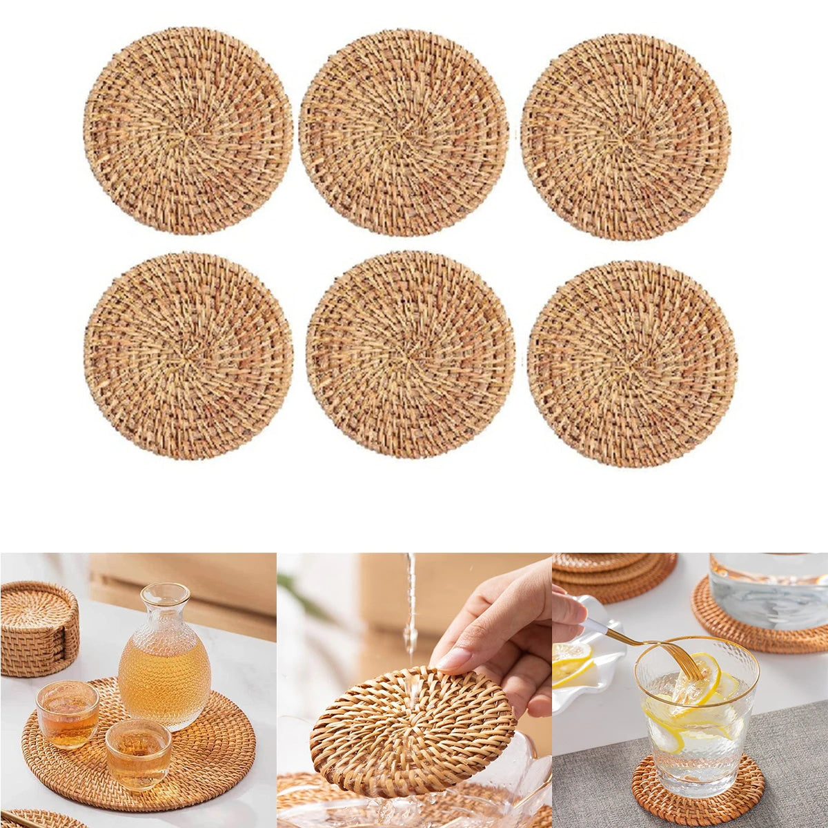 Set of six round rattan coasters with a non-slip base – multiple views