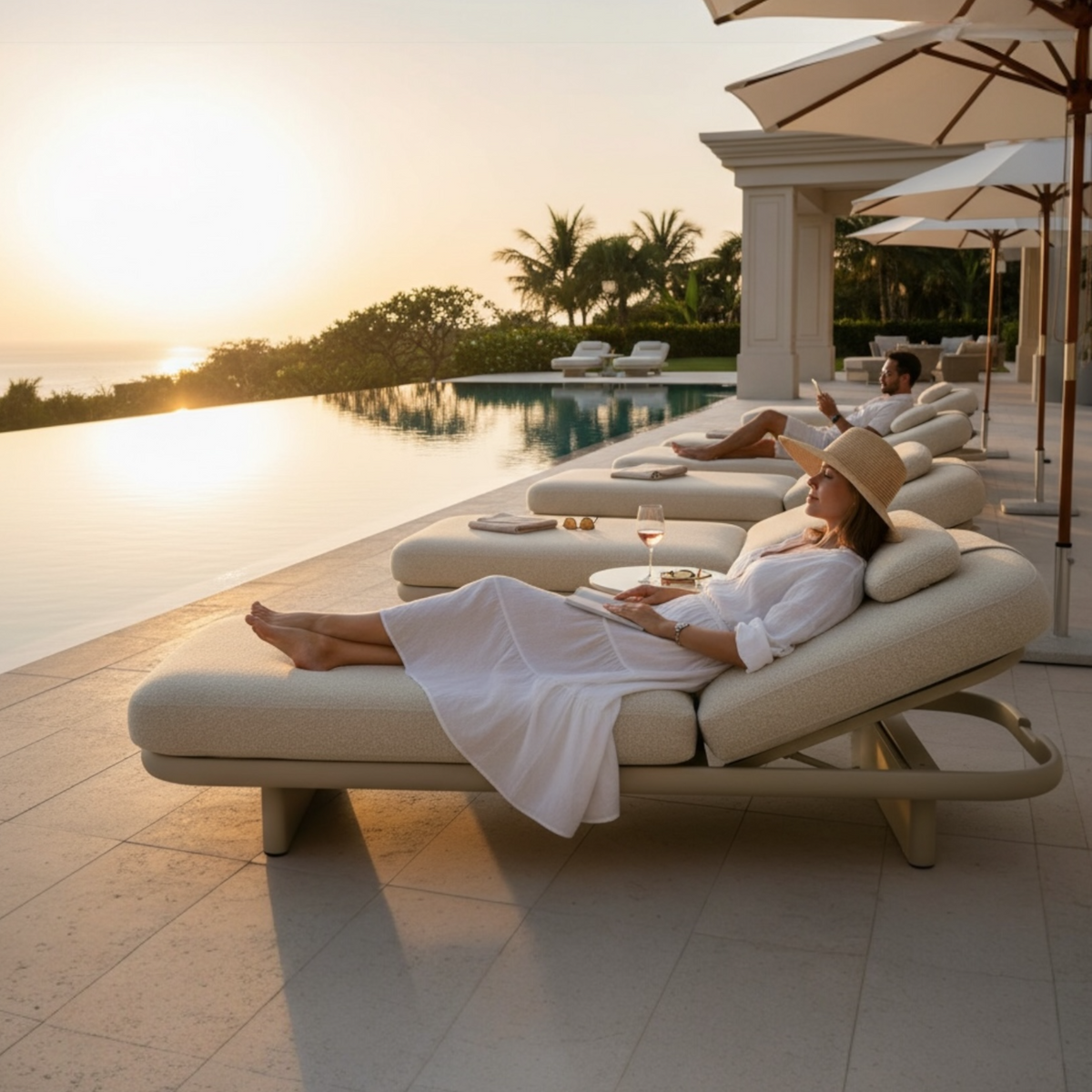 Rosa beige aluminum chaise lounge with wheels – shown outdoors (4)