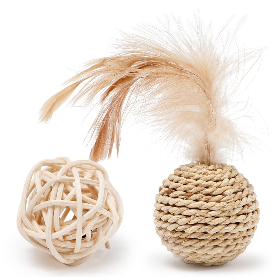 Two hand-braided rattan cat balls