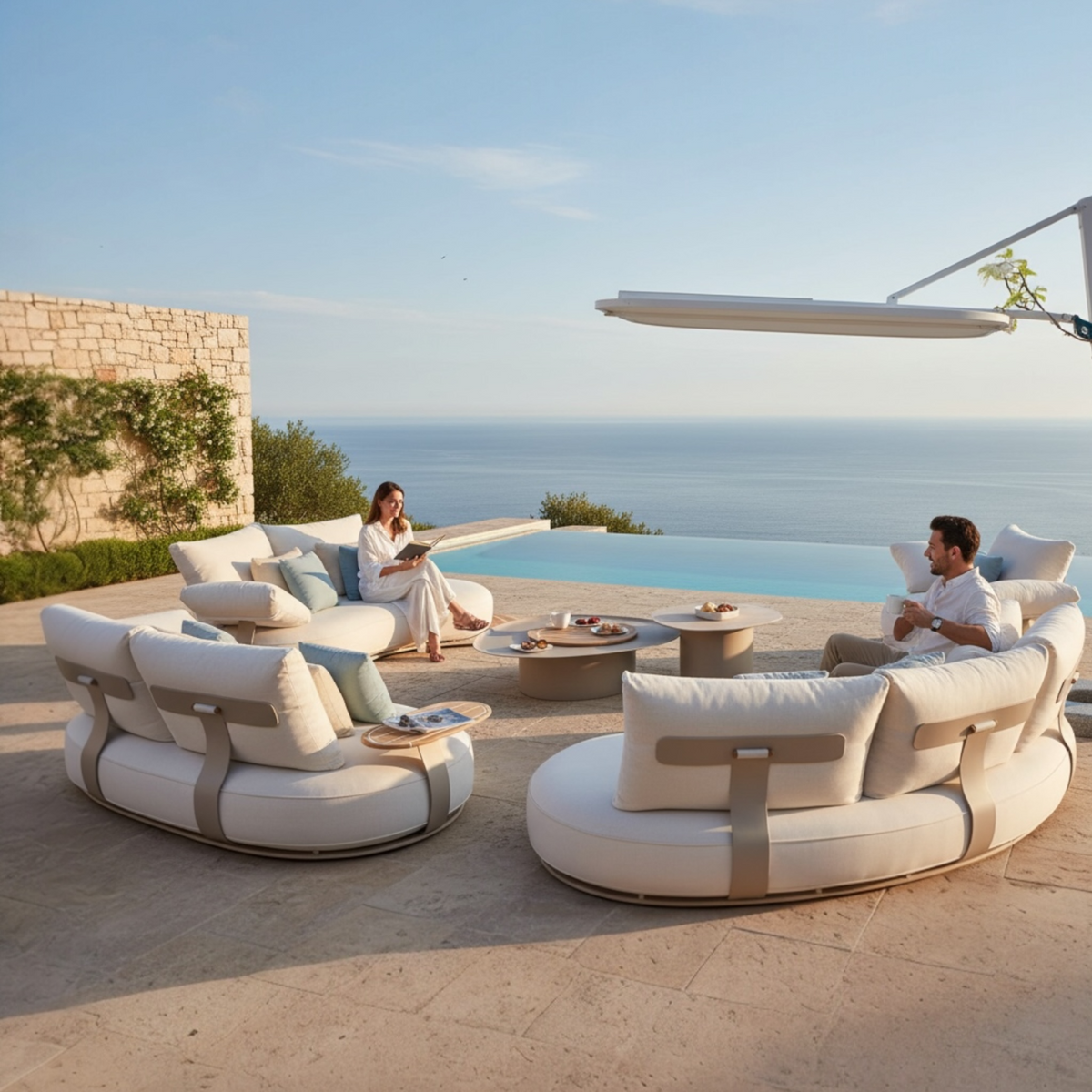 Elyo XL large curved beige aluminum outdoor sectional – shown outdoors