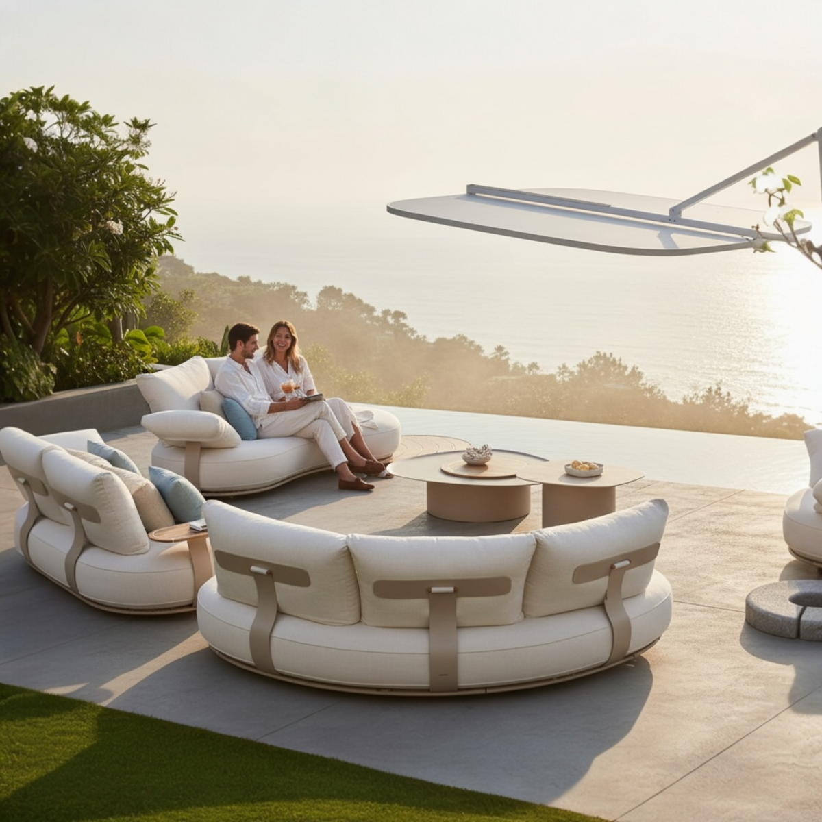Elyo XL large curved beige aluminum outdoor sectional – shown outdoors (4)