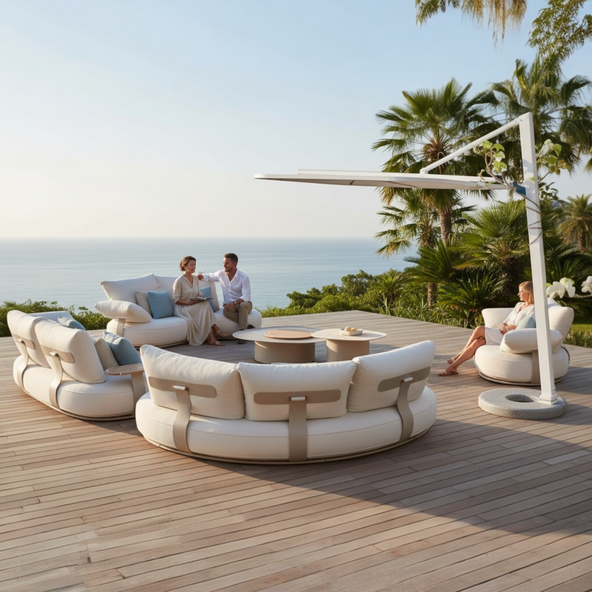Elyo XL large curved beige aluminum outdoor sectional – shown outdoors (2)