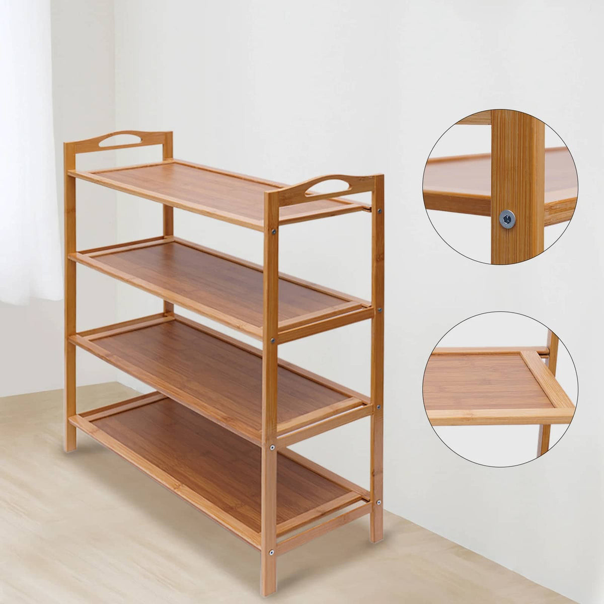 Four-tier bamboo shoe rack with sneakers and boots – multiple views