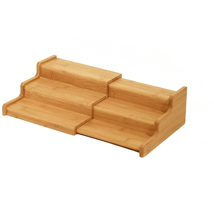 Expandable three-tier bamboo spice rack holding jars and bottles