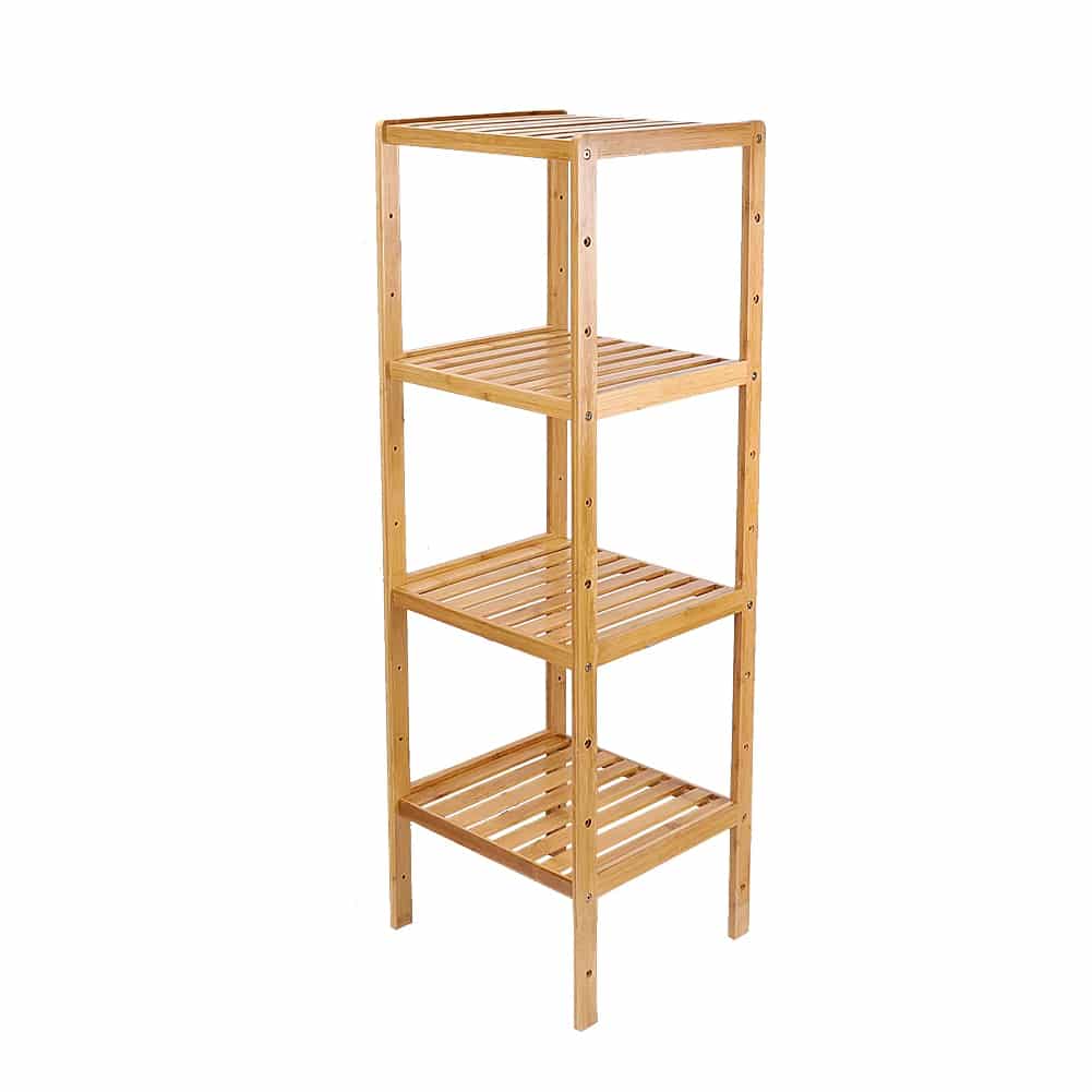 Four-tier bamboo shelf with books, plants and everyday objects