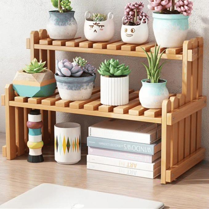 Natural slatted two-tier bamboo shelf with straight uprights – shown in a room setting (3)