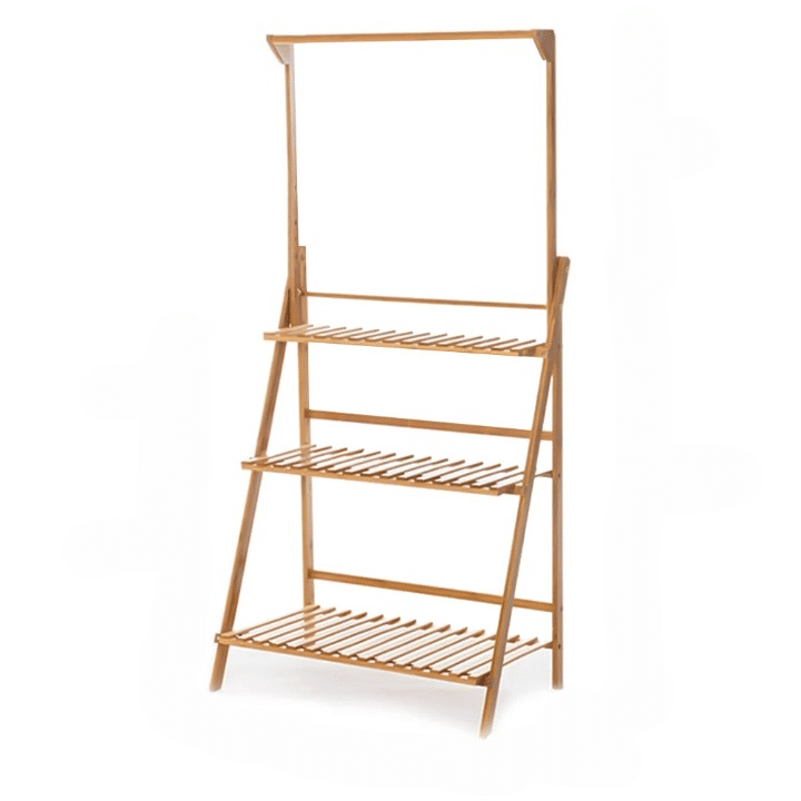 Folding bamboo plant shelf holding flower pots