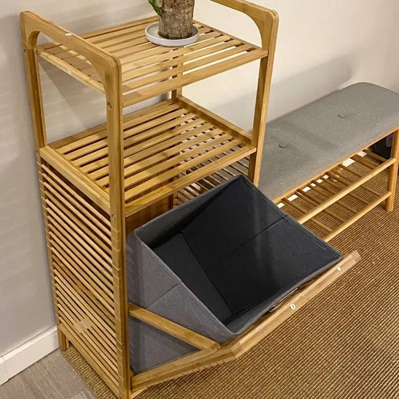 Natural bamboo shelf with an integrated woven basket – shown in a room setting (2)
