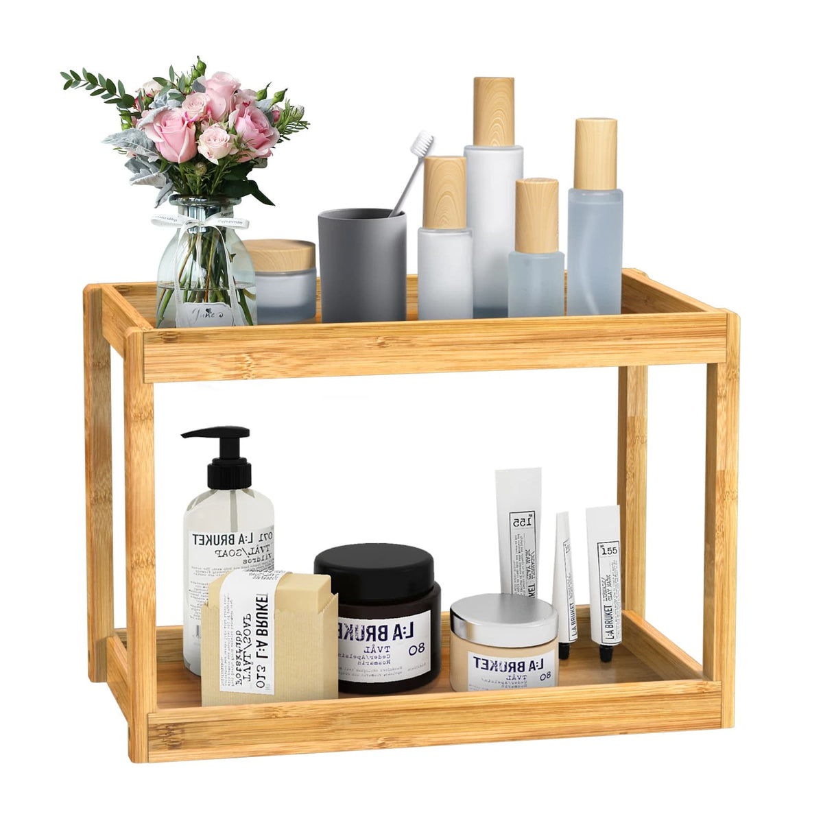 Sturdy minimalist bamboo shelf unit with two tiers – another view