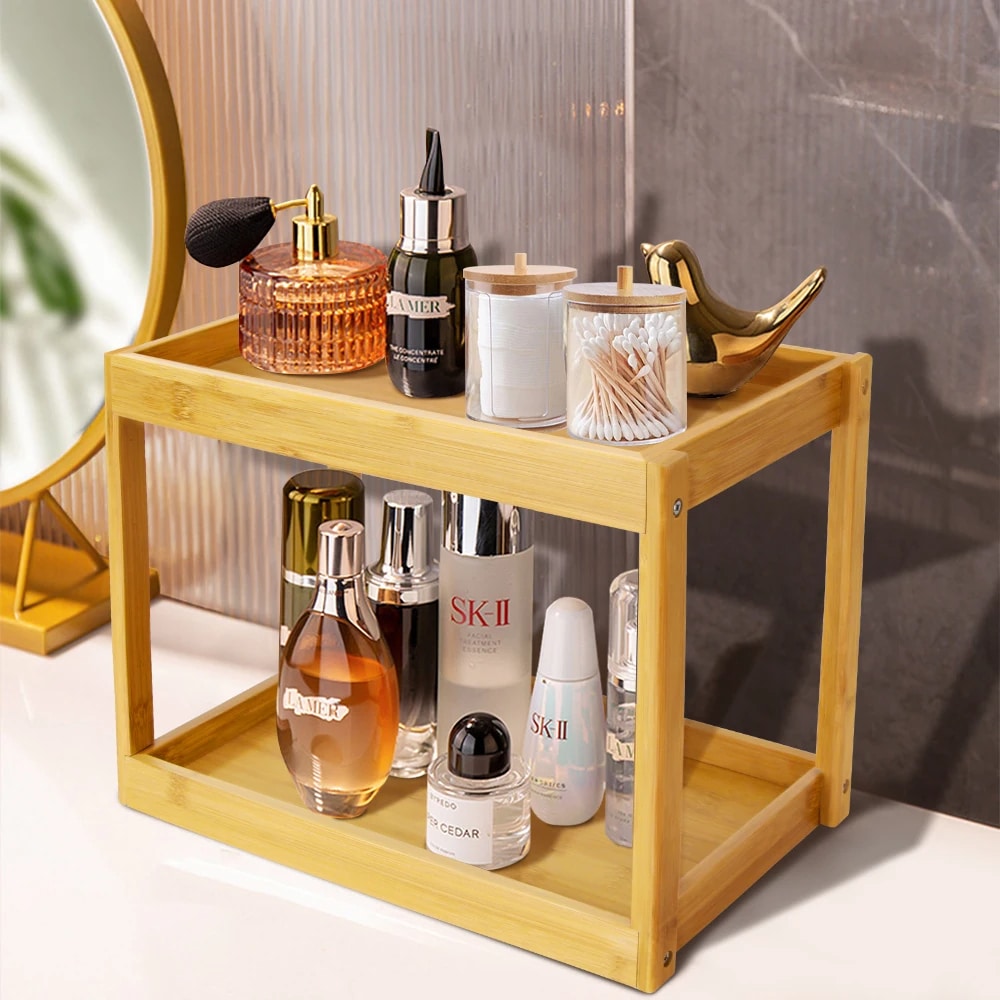 Sturdy minimalist bamboo shelf unit with two tiers – shown in a room setting