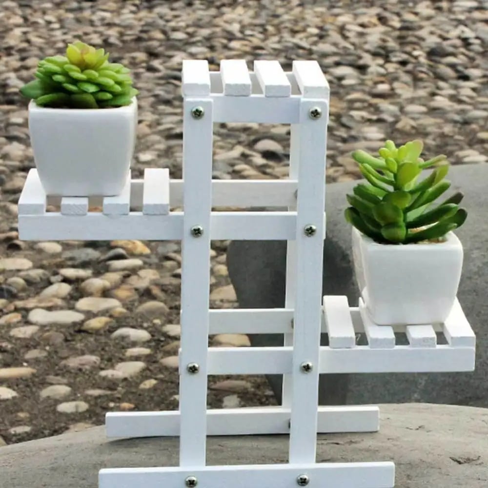 Open wooden garden shelf with potted plants – shown outdoors