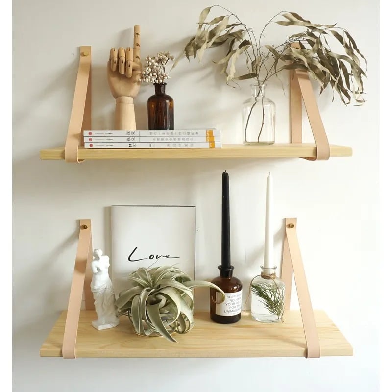 Natural wood shelf with a hand-woven rattan detail – shown in a room setting (2)
