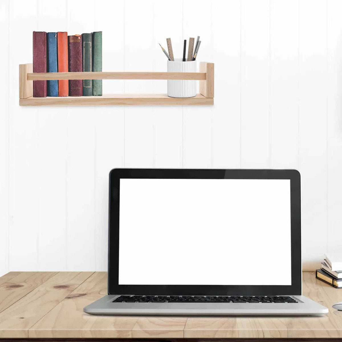 Rectangular floating wood shelf with visible natural grain – shown in a room setting