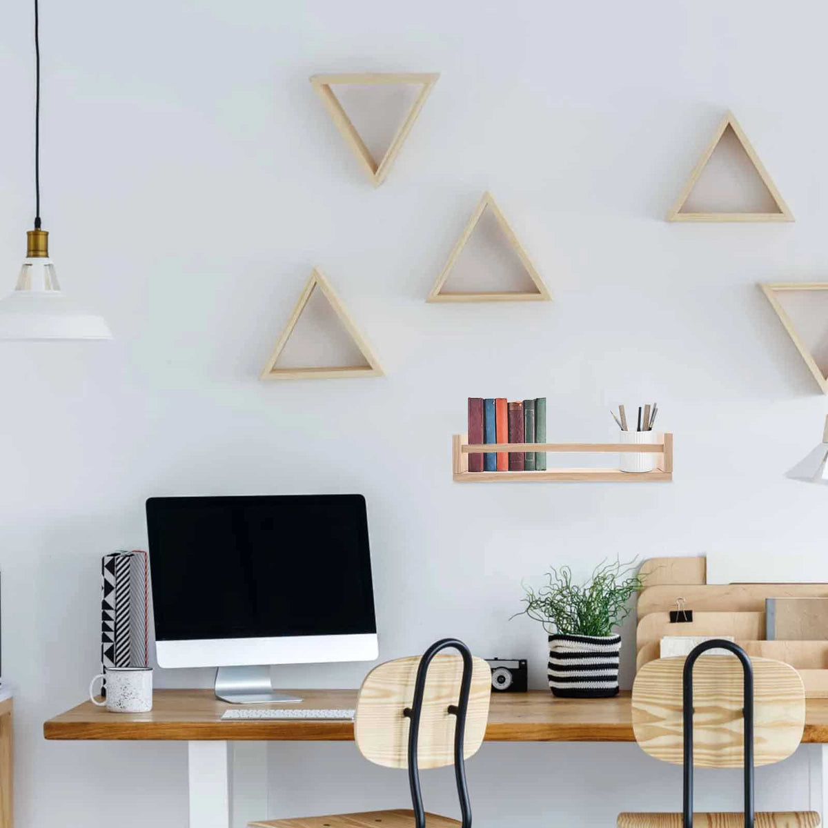 Rectangular floating wood shelf with visible natural grain – shown in a room setting (2)
