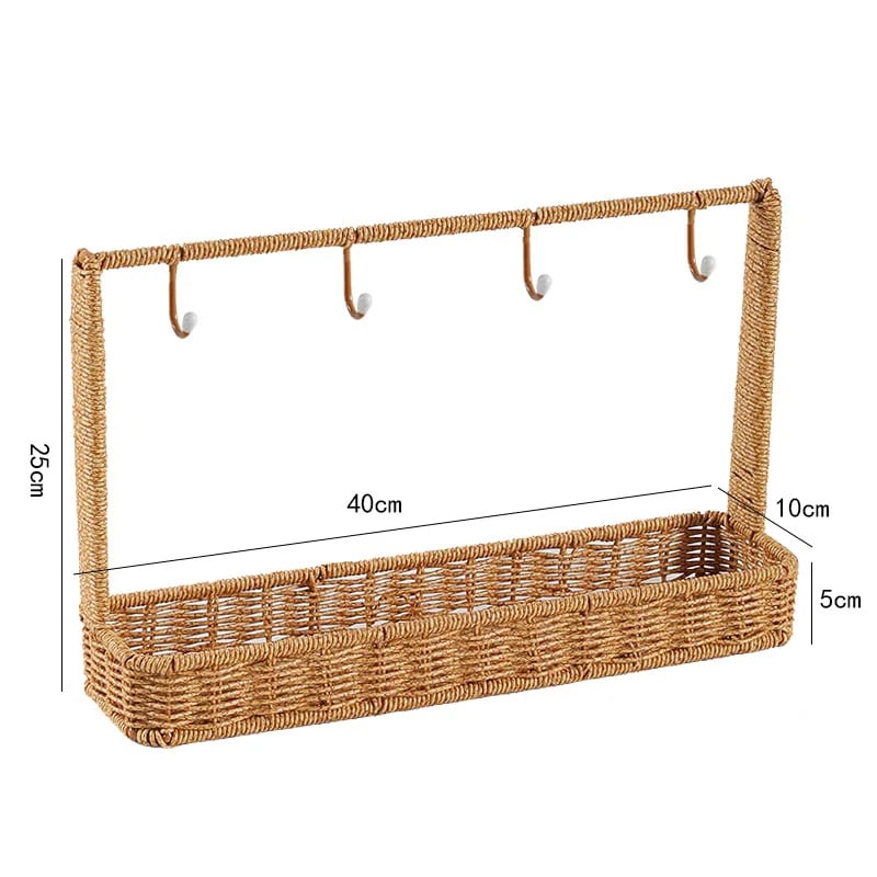 Compact rattan-look wall shelf with hooks – dimensions diagram