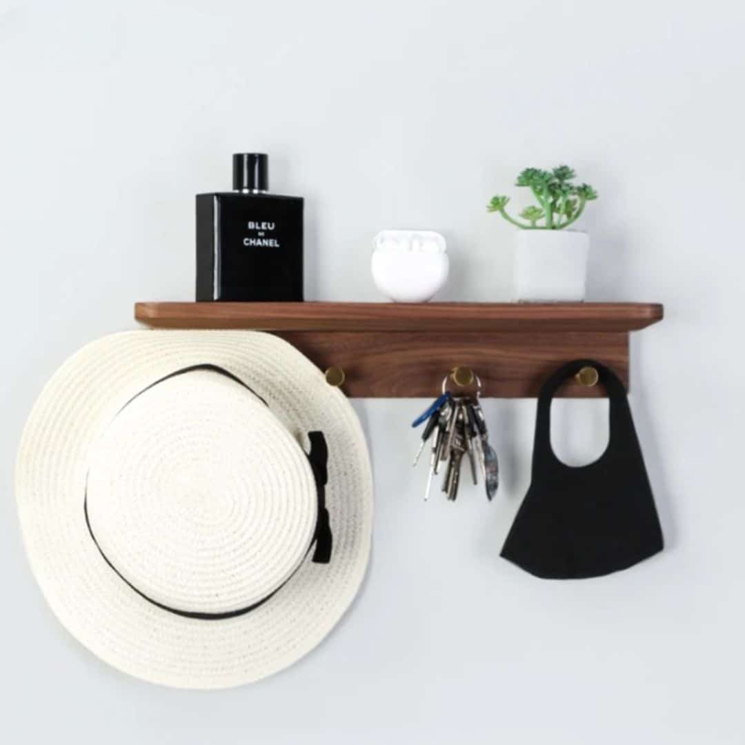 Wooden wall key holder shelf with hooks – shown in a room setting (2)