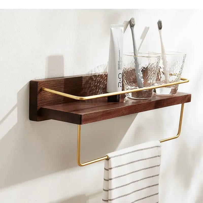 Natural wood and metal wall shelf with visible grain – shown in a room setting