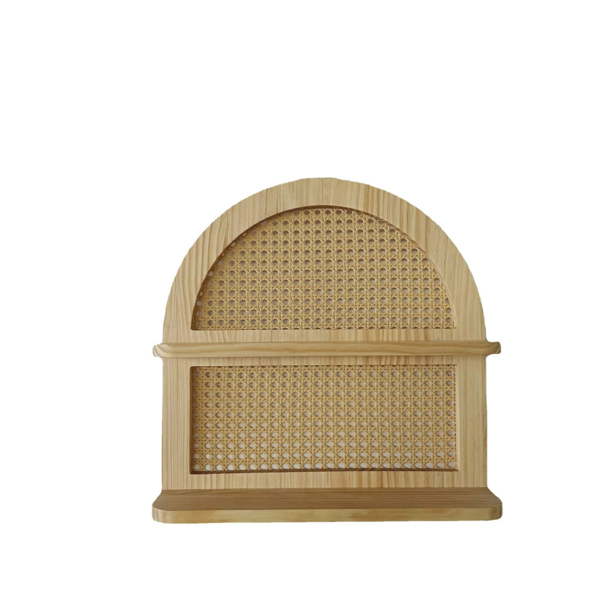 Handwoven rattan and solid wood shelf with a close weave