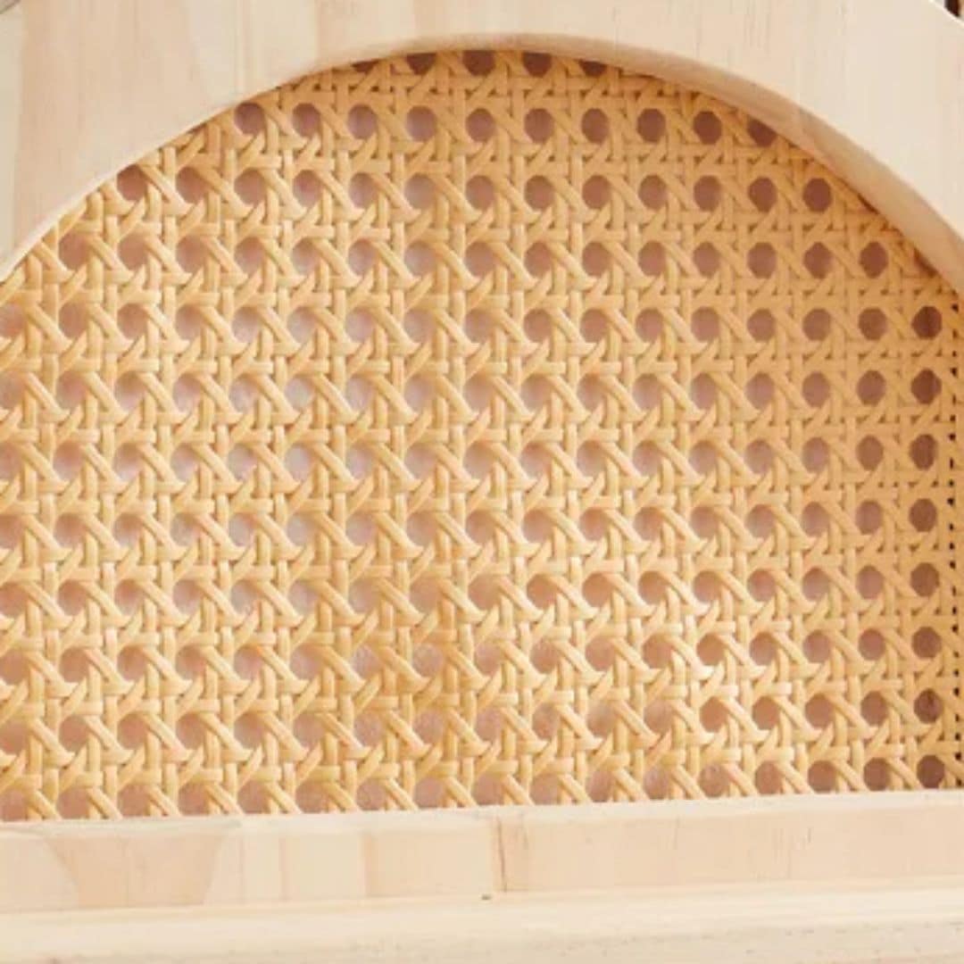 Hand-braided rattan wall shelf with hooks – close-up detail