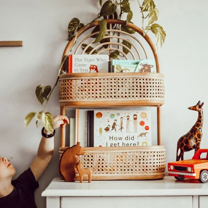 Vintage-style two-tier rattan wall shelf – shown in a room setting