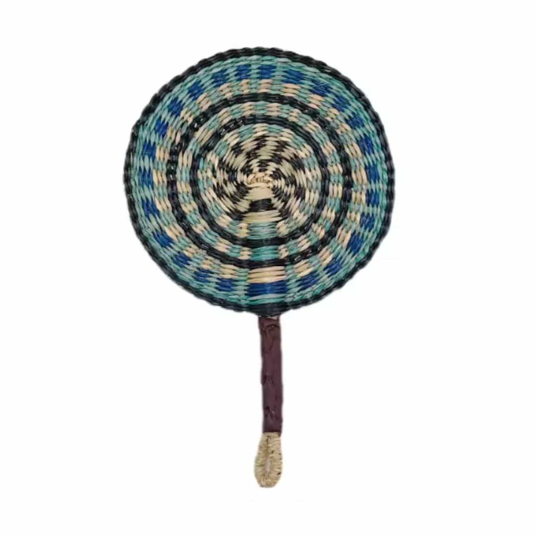 Decorative Nordic rattan fan with an open half-circle shape – blue variant