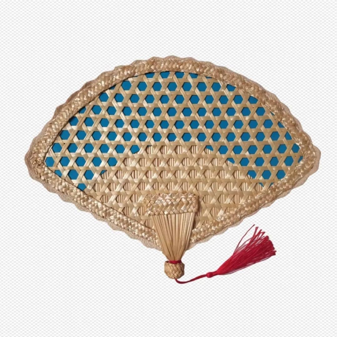 Traditional tightly woven rattan fan – blue variant, another view