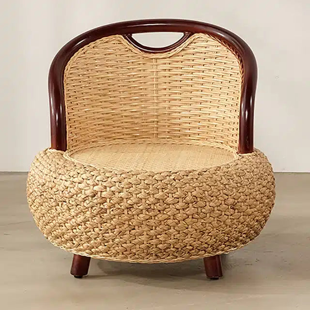 Two-tone low rattan armchair with beige weave and brown frame