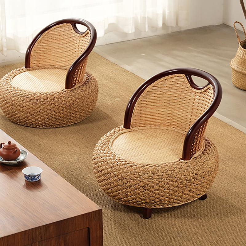 Two-tone low rattan armchair with beige weave and brown frame – multiple views