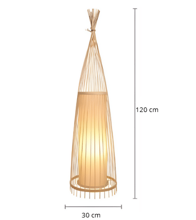 Handmade triangular rattan floor lamp with a tight weave – dimensions diagram