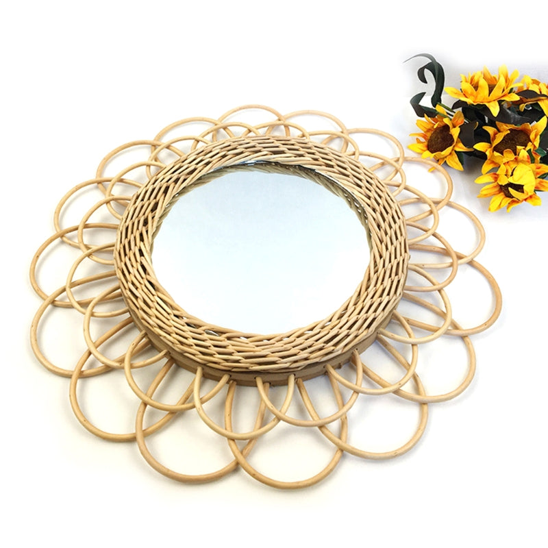Large beige hand-braided rattan flower mirror – shown in a room setting (3)