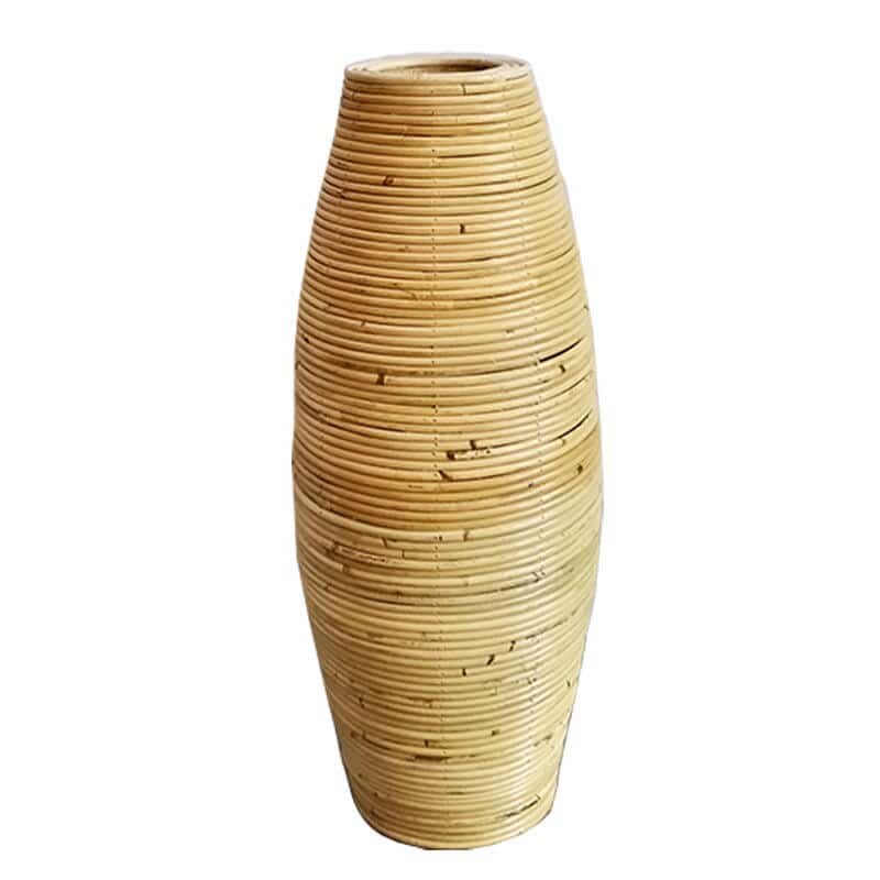 Large natural rattan vase with regular ribs
