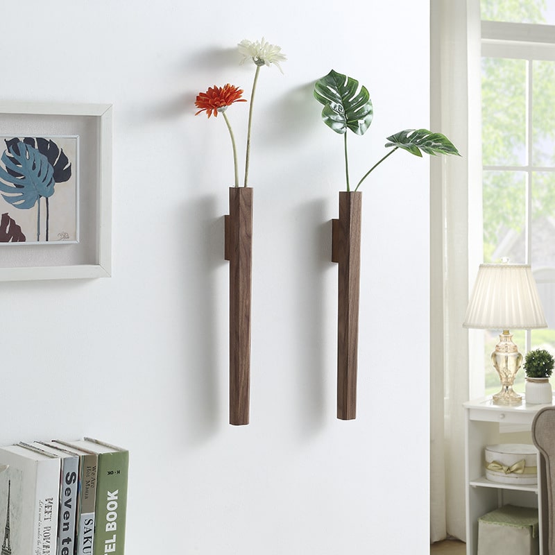 Minimalist tall walnut wood vase – shown in a room setting