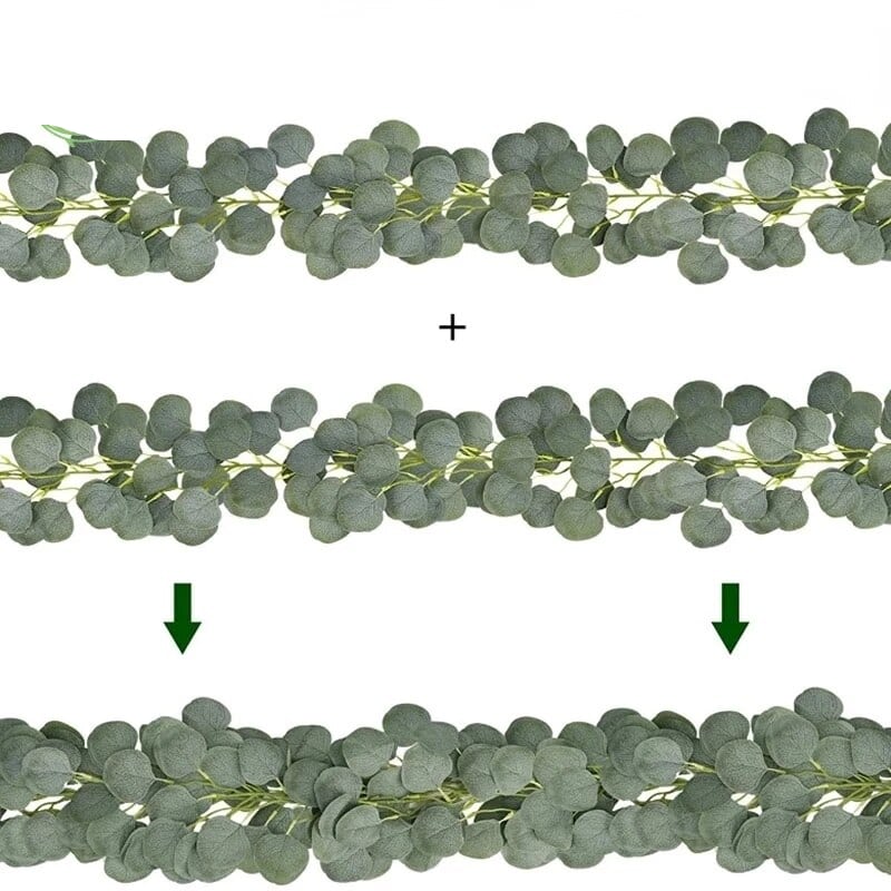 Artificial eucalyptus garland with small white flowers – feature infographic