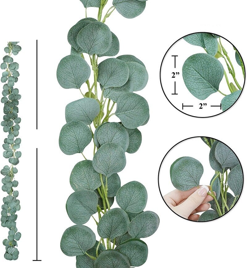 Artificial eucalyptus garland with small white flowers – multiple views