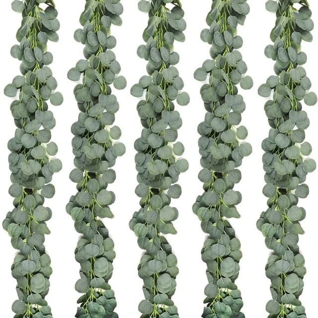 Artificial eucalyptus garland with small white flowers – multiple views (2)