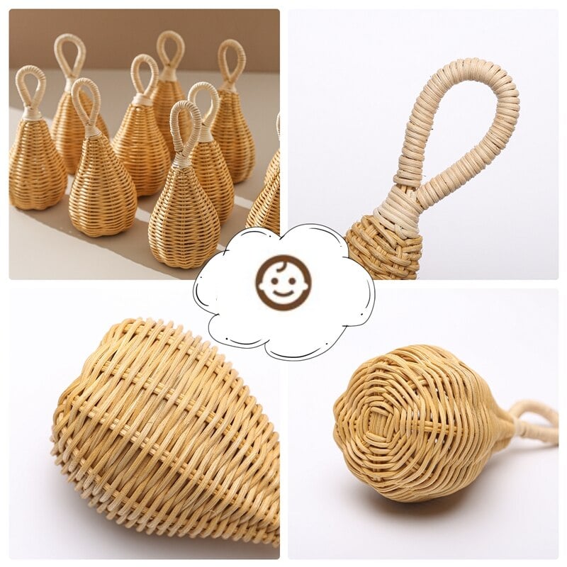 Handmade rattan baby rattle – multiple views