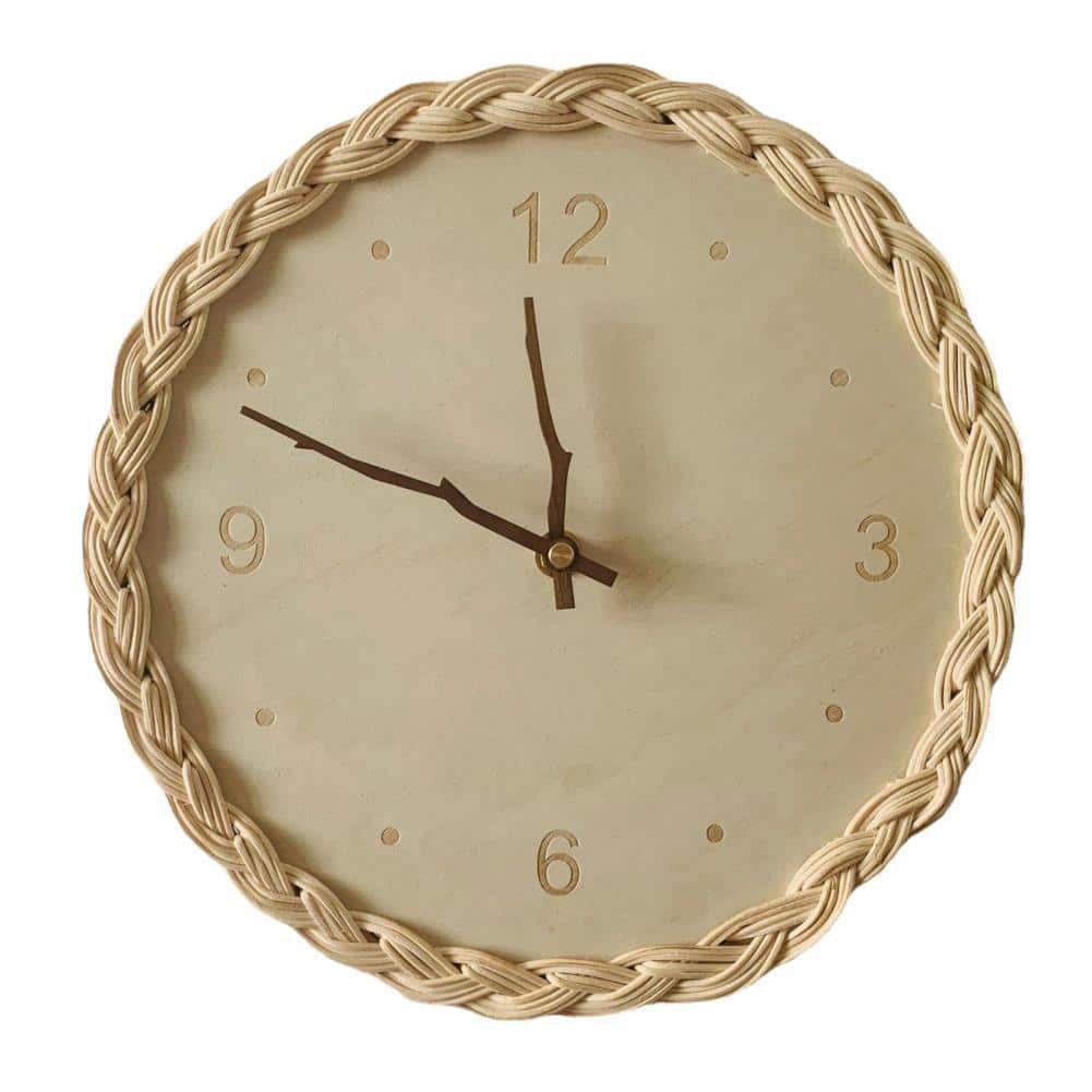 Round braided rattan wall clock with branch-shaped hands