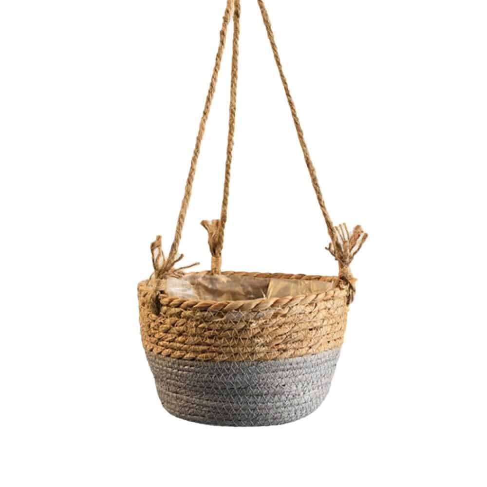 Hand-braided rattan garden hanging planter – gray variant, another view