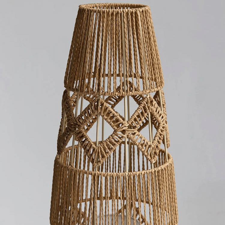 Hand-knit wicker LED floor lamp with a tightly woven shade – close-up detail
