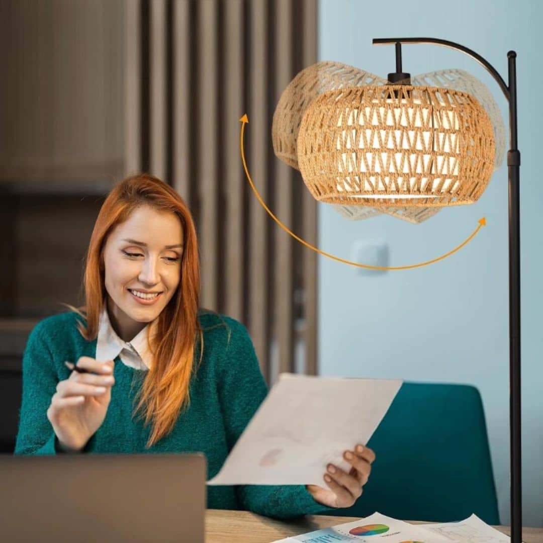 Bohemian rattan floor lamp with a hand-braided shade – shown in use