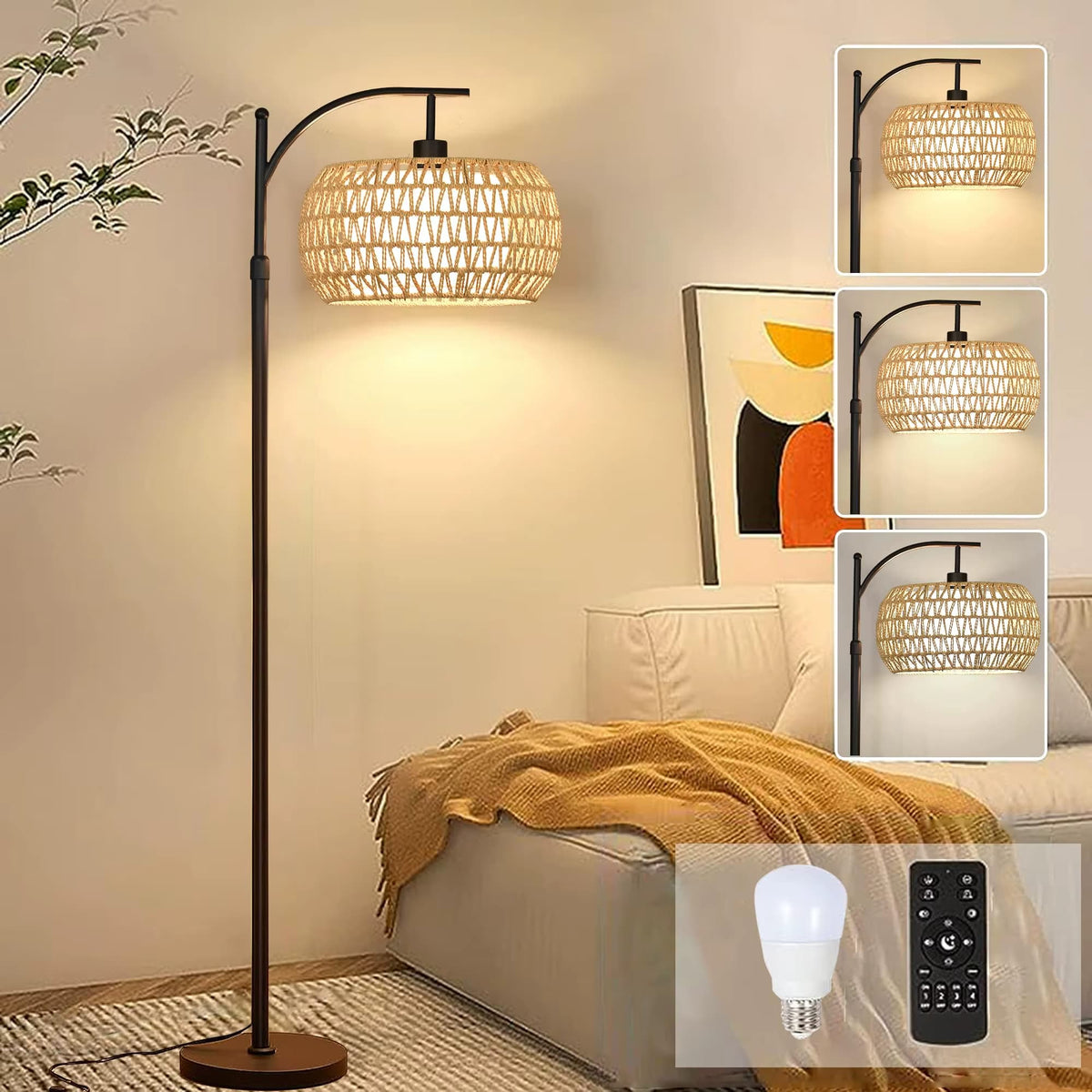 Bohemian rattan floor lamp with a hand-braided shade – shown in a room setting
