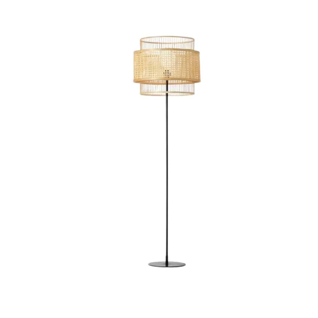 Vintage Japanese-style rattan floor lamp with a dark base