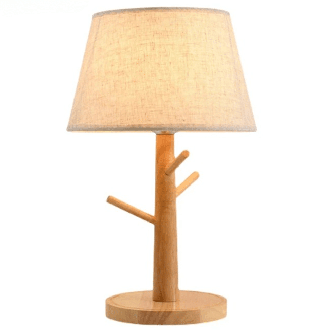 Natural wood LED bedside lamp with a fabric shade – another view