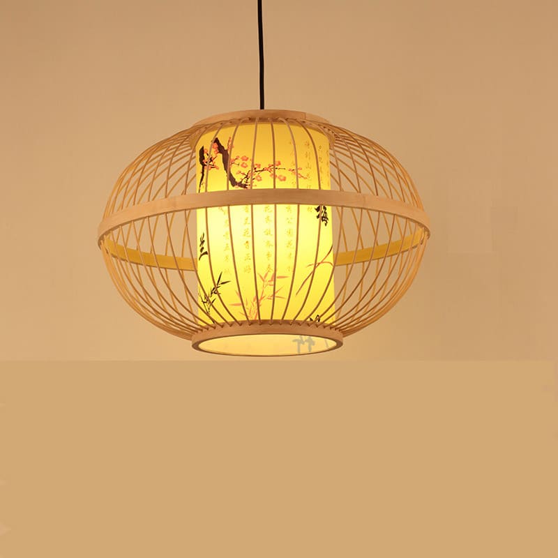 Handmade bamboo and rattan pendant light with a tight mesh – shown lit