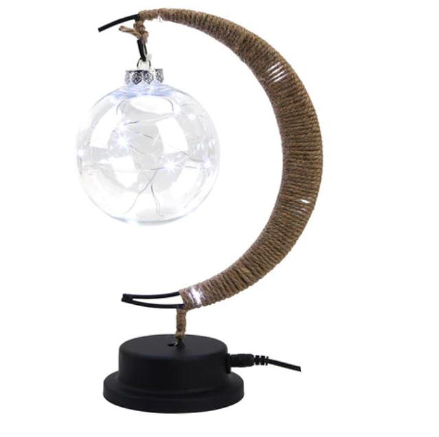 Battery-operated woven hemp crescent moon lamp with a silver bulb – another view